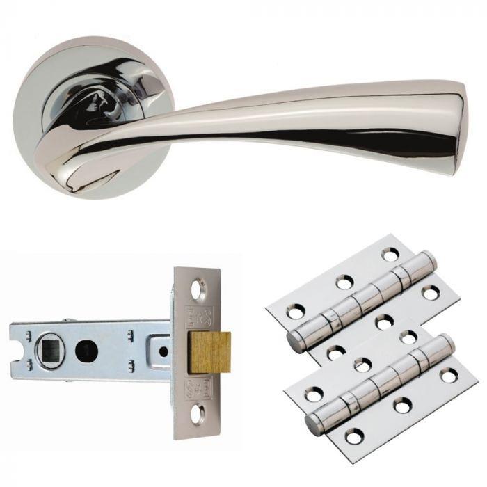 Carlisle GK007CP/INTB Sintra Lever Handle On Rose Latch Door Pack; Includes Levers; 67mm Bolt Through Latch & 1 Pair 76mm Hinges; Polished Chrome Plated (CP)