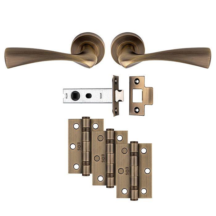 Carlisle UDP007AB/INTB Sintra Lever Handle On Rose Ultimate Latch Door Pack; Includes Levers; 76mm Bolt Through Latch & 1 1/2 Pair 76mm (Grade 7) Hinges; Antique Brass (ABR)