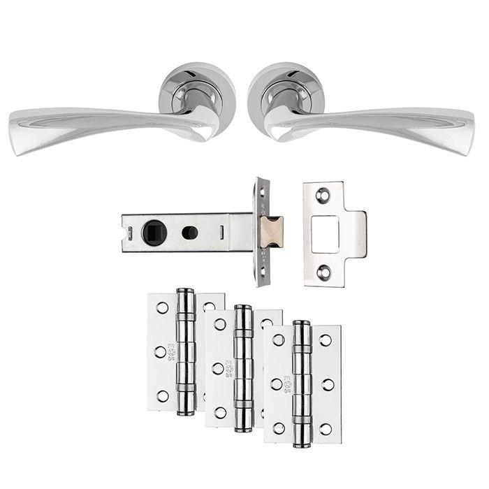 Carlisle UDP007CP/INTB Sintra Lever Handle On Rose Ultimate Latch Door Pack; Includes Levers; 76mm Bolt Through Latch & 1 1/2 Pair 76mm (Grade 7) Hinges; Polished Chrome Plated (CP)