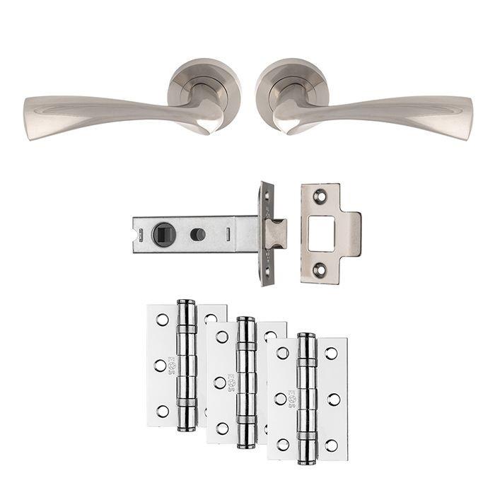 Carlisle UDP007SN/INTB Sintra Lever Handle On Rose Ultimate Latch Door Pack; Includes Levers; 76mm Bolt Through Latch & 1 1/2 Pair 76mm (Grade 7) Hinges; Satin Nickel Plated (SNP)