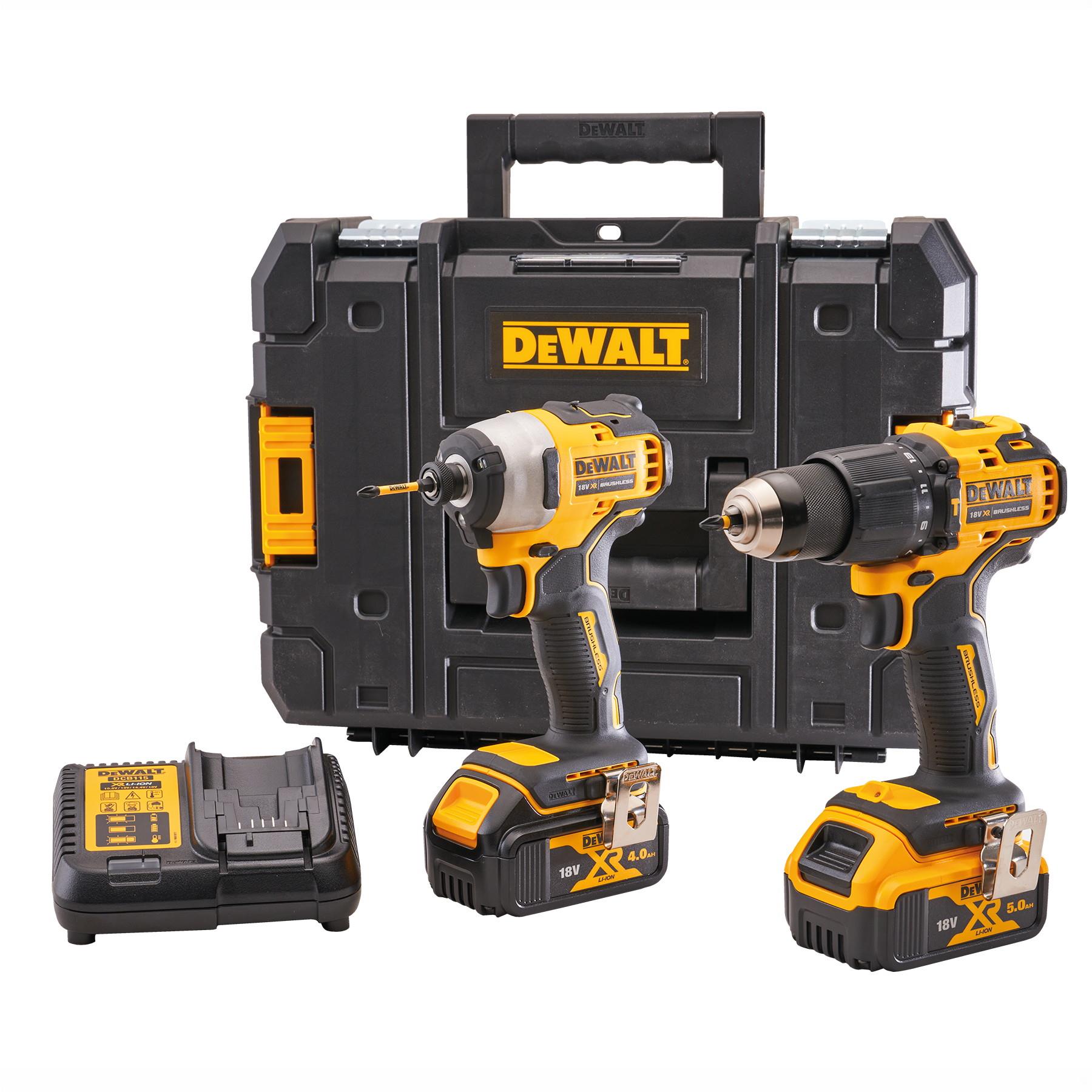 Dewalt DCK2062M2T 18 Volt Brushless Twin Kit; DCD709 XR Brushless Combi Drill; DCF809 XR Brushless Impact Driver; 1 x 4.0Ah & 1 x 5.0Ah Li-ion Batteries; DCB115 XR Charger; TSTAK II Kit Box