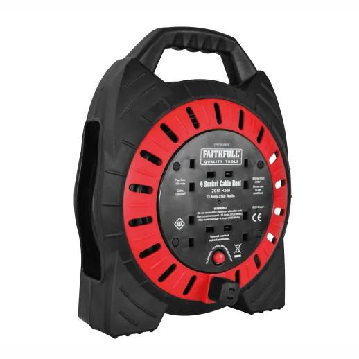 Faithfull FPPCR20MSE Semi Enclosed Cable Reel; 20 Metre; 13 Amp; 4 Sockets; 240 Volt