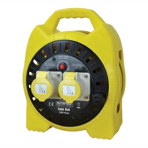 Faithfull FPPCR25MSEL Cable Reel Extension Lead; Double Socket; 16 Amp; 110 Volt; 25 Metre; Semi Enclosed