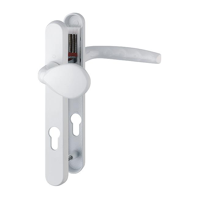 Hoppe 3627706 Atlanta Series PVCu Door Handle Set; Sprung Lever/Pad; 92mm Centres; 242 x 32mm Backplate; 2 Hole Fix; 122mm Screw Centres; 77G/3831N/1530; White (WH) (F9016)