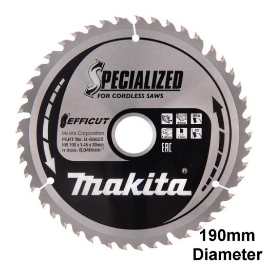 Makita B-68622 Specialized Cordless Mitre Saw Blade Efficut; Wood Cut; 190mm; 1.45mm Kerf; 45 Teeth; 30mm Bore