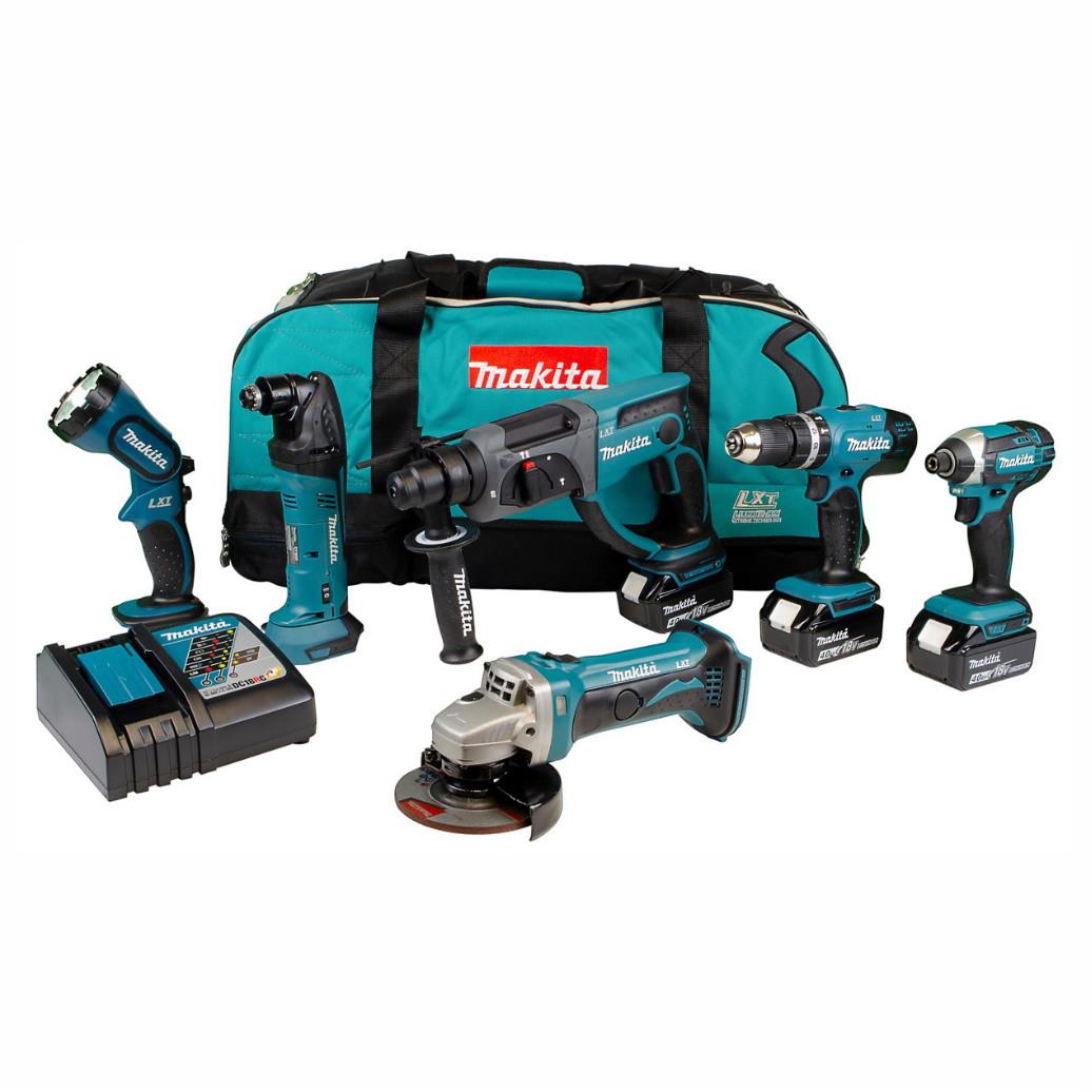 Makita DLX6075M 6 Piece Kit; 18 Volt; DHP453Z; DTD152Z; DHR202Z; DTM50Z; DGA452Z; DML185; 3 x 4.0 Ah Li-ion Batts; Single Rapid Charger And Kit Bag