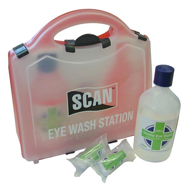 Scan SCAFAKEYE Eye Wash Station; Can Be Wall Mounted; Includes 2 x 500ml Reliwash Saline Eye Wash; 2 x No.16 Eye Pad Sterile Wound Dressing