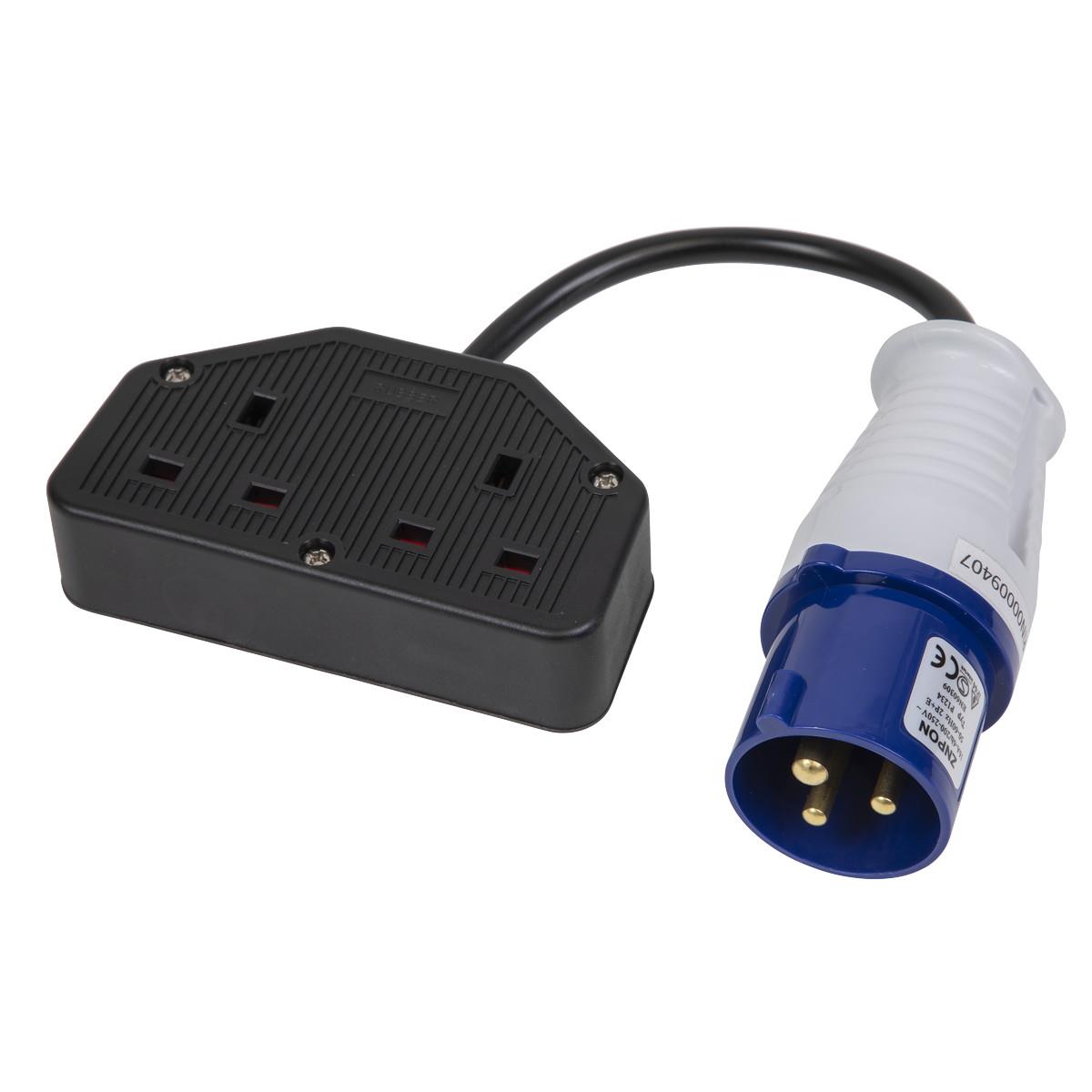 Sealey WPS16132 Trailing/Fly Lead; 16Amp Plug to Double 3 Pin 13 Amp Socket; 350mm Long Cable