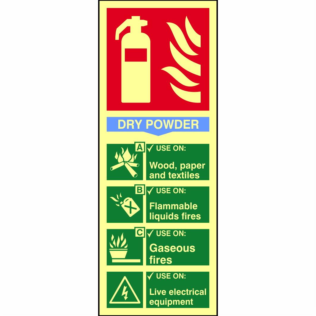 Spectrum Photoluminescent Sign 1593 Fire Extinguisher Composite "Dry Powder"; 1.3mm Rigid Self Adhesive Board (PHO); 75 x 200mm