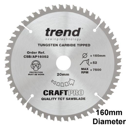 Trend CSB/AP16052 Craft Aluminium & Plastic Circular Saw Blade; 160mm x 52 Teeth x 20mm Bore; 2.2mm Kerf; Fits Festool TS55EQ Plunge Saw