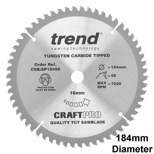 Trend CSB/AP18458 Craft Aluminium & Plastic Circular Saw Blade; 184mm x 58 Teeth x 16mm Bore; 2.8mm Kerf
