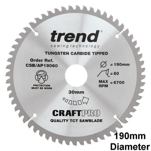 Trend CSB/AP19060 Craft Aluminium & Plastic Circular Saw Blade; 190mm  x 60 Teeth x 30mm Bore; 2.8mm Kerf; Supplied With 20mm Bushing Washer