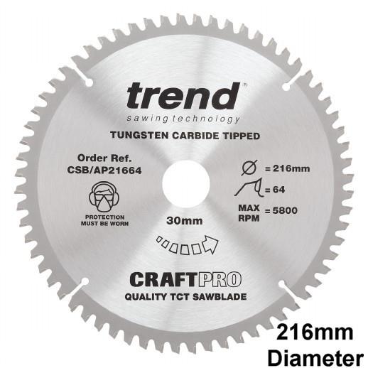 Trend CSB/AP21664 Craft Aluminium & Plastic Circular Saw Blade; 216mm x 64 Teeth x 30mm Bore; 2.8mm Kerf; (Dewalt DW700) (Elu PS174)