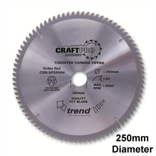 Trend CSB/AP25084 Craft Aluminium & Plastic Circular Saw Blade; 250mm x  84 Teeth x 30mm Bore (16, 20 & 25.4mm Bore Bushing Washers Supplied); Kerf 3.0 mm