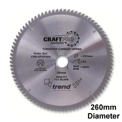 Trend CSB/AP26096 Craft Aluminium & Plastic Circular Saw Blade; 260mm x 96 Teeth x 30mm Bore; (25mm Bushing Washer Supplied) 2.8mm Kerf