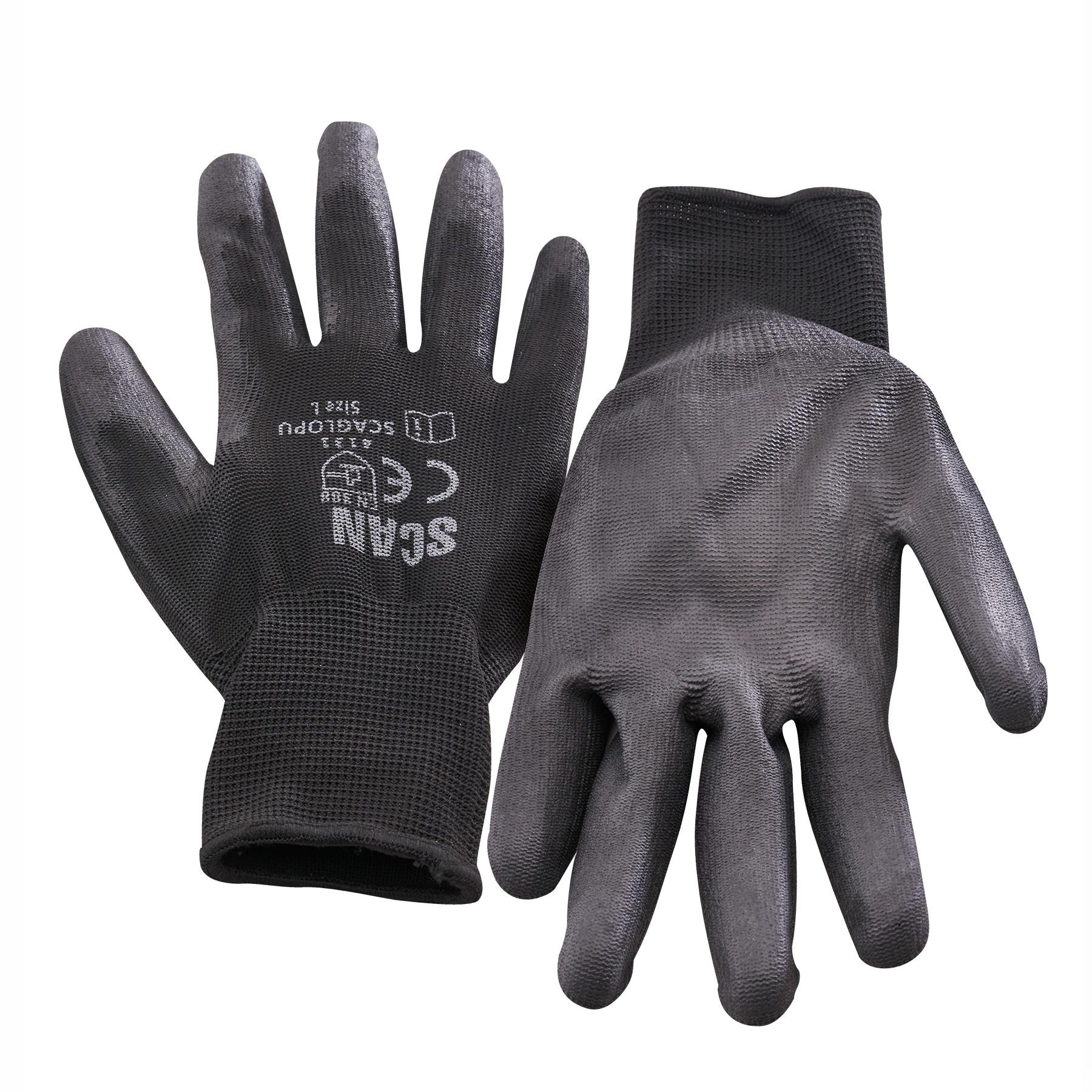 Scan GLOPU12XL Black PU Coated Gloves; EN388 EN420; Large (L) (Size 9); Pack (5 Pair)
