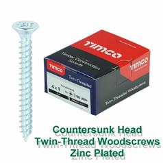 Countersunk Head Twin Thread Woodscrews, Zinc Plated