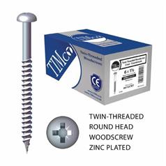 Round Head Twin Thread Woodscrews, Zinc Plated