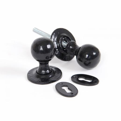 From The Anvil 33252 Round Knob Set; Mortice/Rim; C/W Escutcheons; Powder Coated Black (BK)