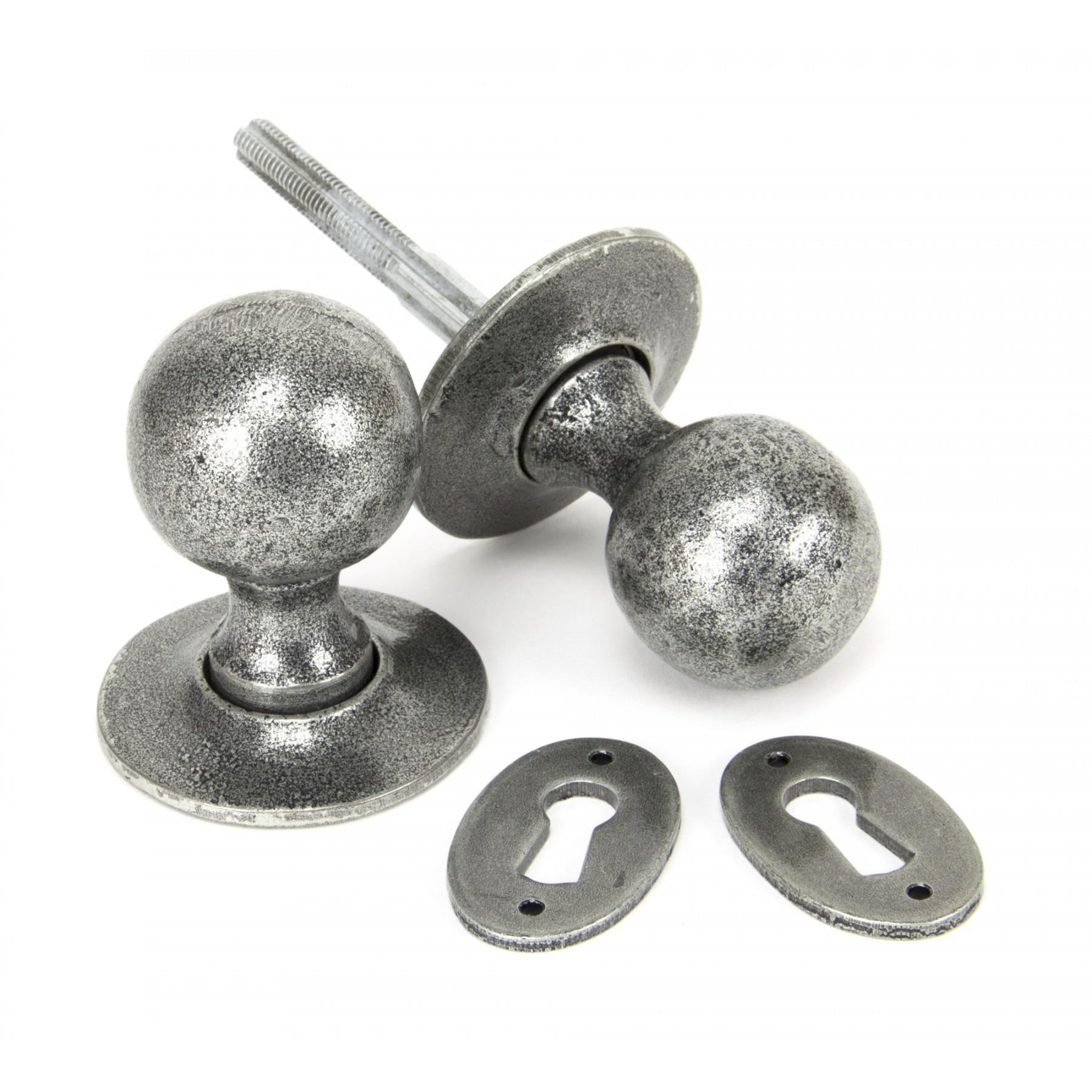 From The Anvil 33778 Round Mortice / Rim Knob Set; C/W Escutcheons; Pewter (PE)