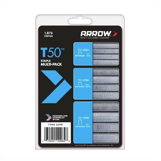 Arrow Staples; Multi Pack; 6mm (1/4"); 8mm (5/16") & 12mm (1/2"); Pack (1875)