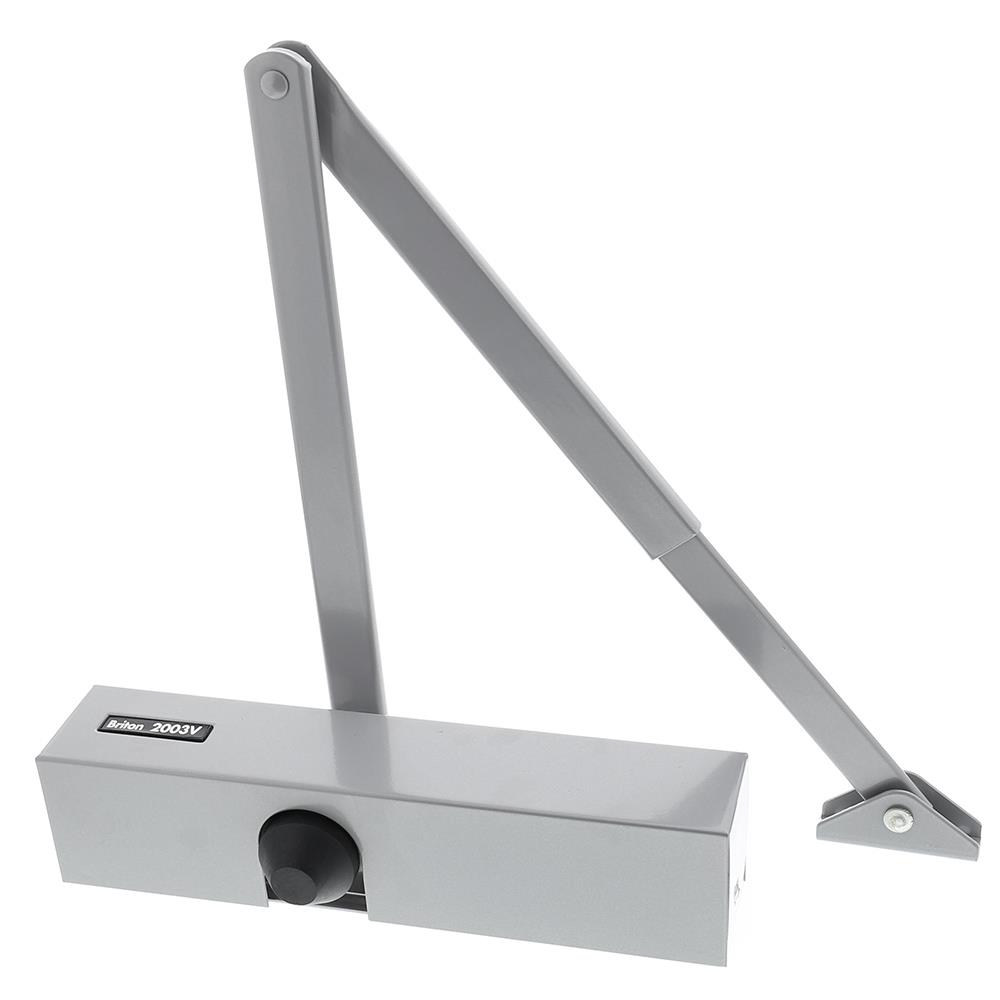 Briton 2003V Overhead Door Closer; Adjustable Size 1-4; Backcheck; Silver Enamel (SE) Cover And Arm