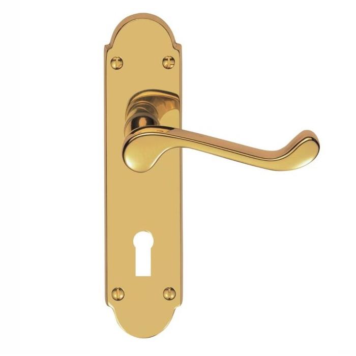 Carlisle CBS68 Victorian Scroll Lever Lock Handle Set; Shaped Plate; Polished Brass (PB)