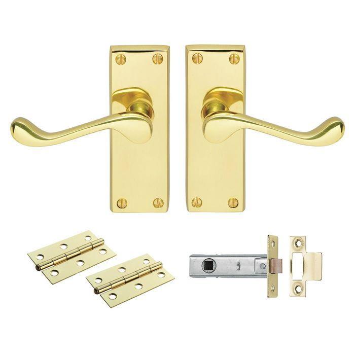 Carlisle GK002EB/INTB Contract Victorian Scroll Lever Latch Handle Door Pack; Includes Levers; 67mm Bolt Through Latch & 1 Pair 75mm Hinges; Polished Brass (PB) Handles