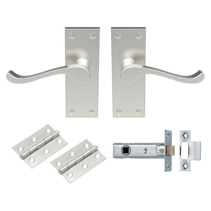 Carlisle GK002SN/INTB Contract Victorian Scroll Lever Latch Handle Door Pack; Includes Levers; 67mm Bolt Through Latch & 1 Pair 75mm Hinges; Satin Nickel Plated (SNP) Handles