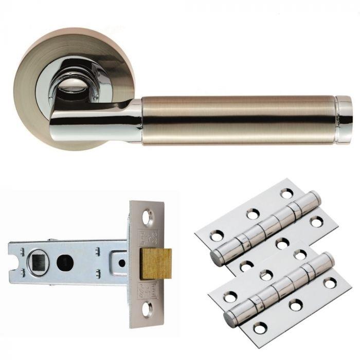 Carlisle GK006SNCP/INTB Belas Lever Handle On Rose Latch Door Pack; Includes Levers; 67mm Bolt Through Latch & 1 Pair 76mm Hinges; Satin Nickel Plated/Polished Plated (SNP)(CP); Mixed Finish