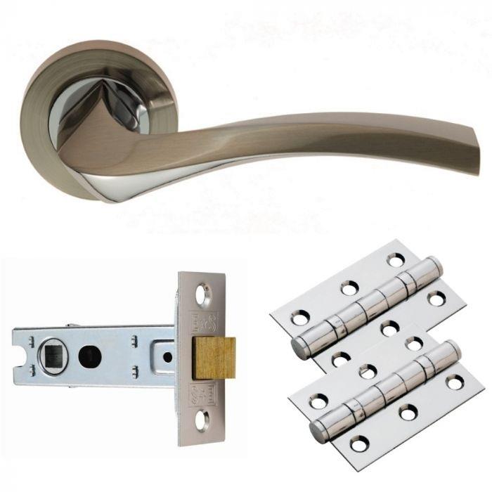 Carlisle GK008SNCP/INTB Sines Lever Handle On Rose Latch Door Pack; Includes Levers; 67mm Bolt Through Latch & 1 Pair 76mm Hinges; Satin Nickel Plated/Polished Chrome Plated (SNP)(CP); Mixed Finish