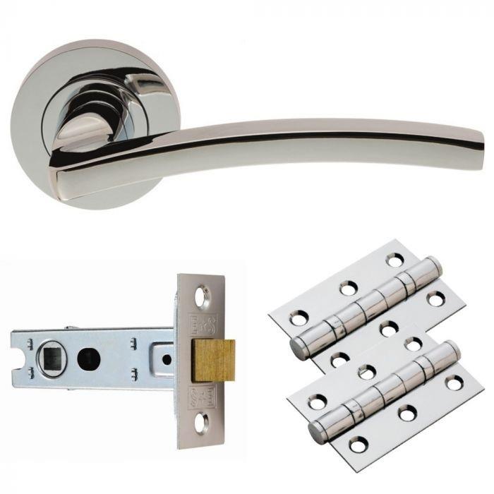 Carlisle GK007CP/INTB Tavira Lever Handle On Rose Latch Door Pack; Includes Levers; 67mm Bolt Through Latch & 1 Pair 76mm Hinges; Polished Chrome Plated (CP)