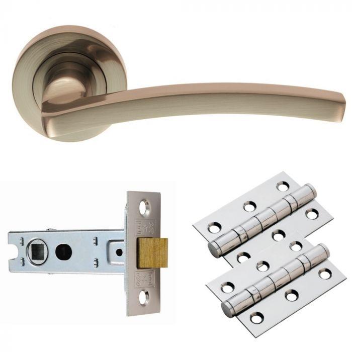 Carlisle GK009SN/INTB Tavira Lever Handle On Rose Latch Pack; Includes Levers; 67mm Bolt Through Latch & 1 Pair 76mm Hinges; Satin Nickel Plated (SNP)
