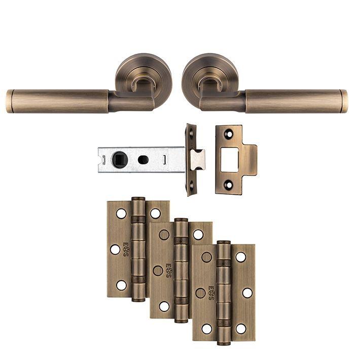 Carlisle UDP006AB/INTB Belas Lever Handle On Rose Ultimate Latch Door Pack; Includes Levers; 76mm Bolt Through Latch & 1 1/2 Pair 76mm (Grade 7) Hinges; Antique Brass (ABR)