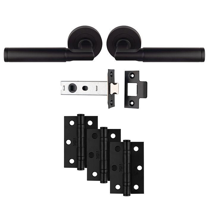 Carlisle UDP006MB/INTB Belas Lever Handle On Rose Ultimate Latch Door Pack; Includes Levers; 76mm Bolt Through Latch & 1 1/2 Pair 76mm (Grade 7) Hinges; Matt Black (MBK)