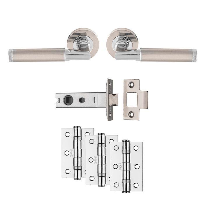 Carlisle UDP006SNPC/INTB Belas Lever Handle On Rose Ultimate Latch Door Pack; Includes Levers; 76mm Bolt Through Latch & 3 76mm (Grade 7) Hinges; Mixed Satin Nickel/Polished Chrome Plated (SNP)(CP)