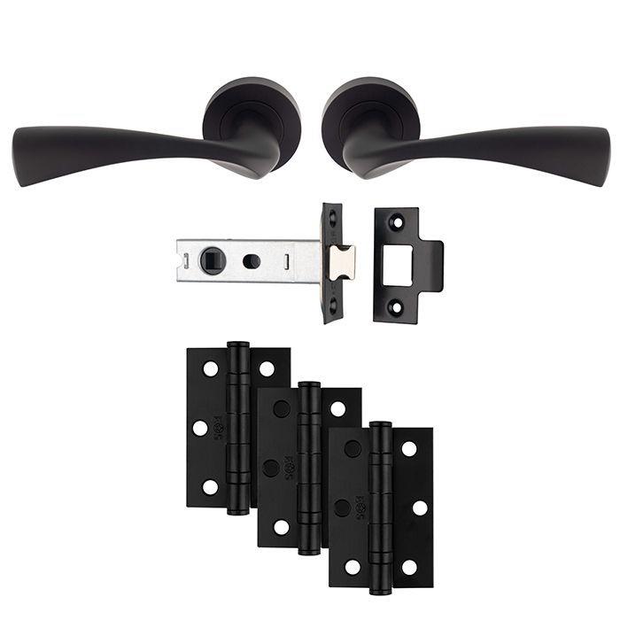 Carlisle UDP007MB/INTB Sintra Lever Handle On Rose Ultimate Latch Door Pack; Includes Levers; 76mm Bolt Through Latch & 1 1/2 Pair 76mm (Grade 7) Hinges; Matt Black (MBK)