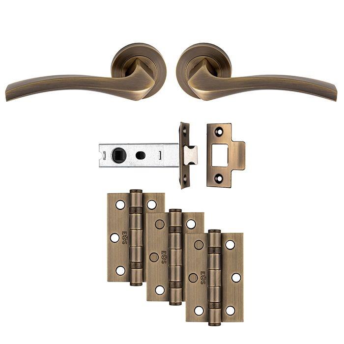 Carlisle UDP008AB/INTB Sines Lever Handle On Rose Ultimate Latch Door Pack; Includes Levers; 76mm Bolt Through Latch & 1 1/2 Pair 76mm (Grade 7) Hinges; Antique Brass (ABR)