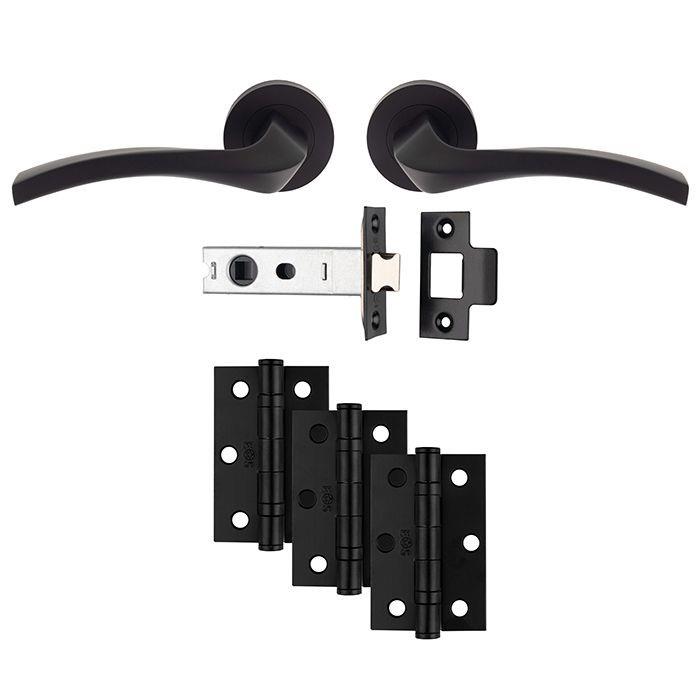 Carlisle UDP008MB/INTB Sines Lever Handle On Rose Ultimate Latch Door Pack; Includes Levers; 76mm Bolt Through Latch & 1 1/2 Pair 76mm (Grade 7) Hinges; Matt Black (MBK)