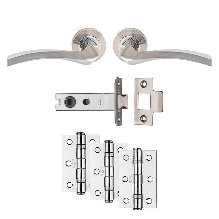 Carlisle UDP008SNPC/INTB Sines Lever Handle On Rose Ultimate Latch Door Pack; Includes Levers; 76mm Bolt Through Latch & 3 76mm (Grade 7) Hinges; Mixed Satin Nickel/Polished Chrome Plated (SNP)(CP)