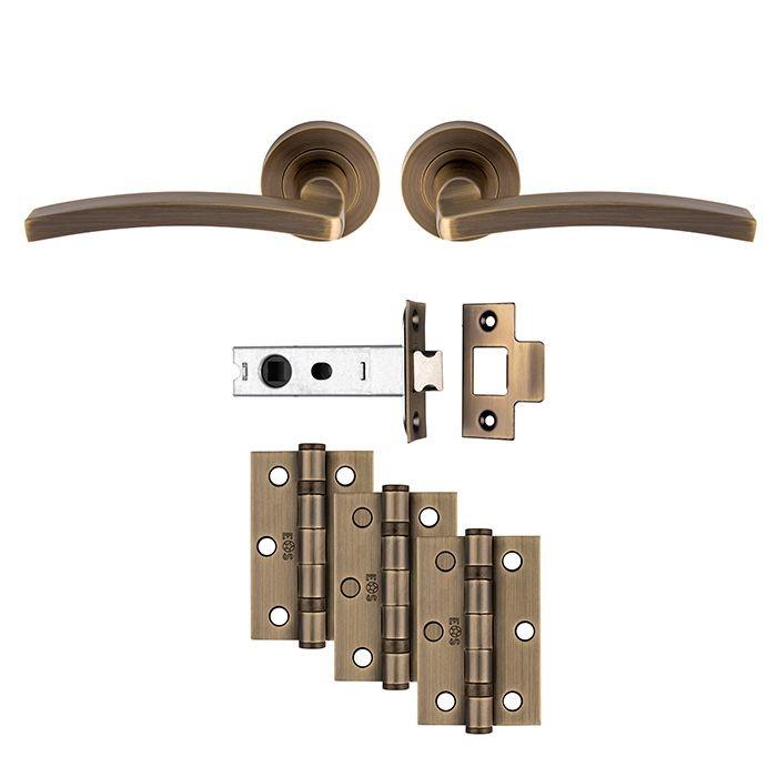 Carlisle UDP009AB/INTB Tavira Lever Handle On Rose Ultimate Latch Door Pack; Includes Levers; 76mm Bolt Through Latch & 1 1/2 Pair 76mm (Grade 7) Hinges; Antique Brass (ABR)
