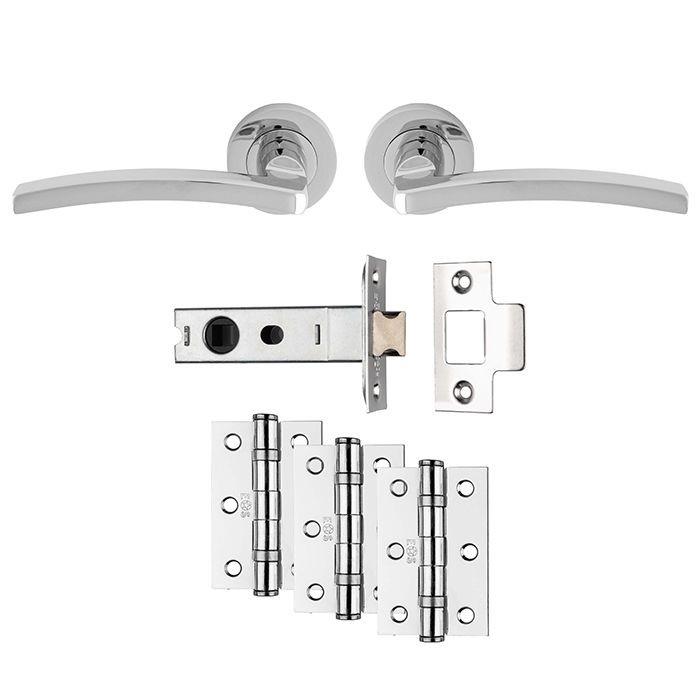 Carlisle UDP009CP/INTB Tavira Lever Handle On Rose Ultimate Latch Door Pack; Includes Levers; 76mm Bolt Through Latch & 1 1/2 Pair 76mm (Grade 7) Hinges; Polished Chrome Plated (CP)