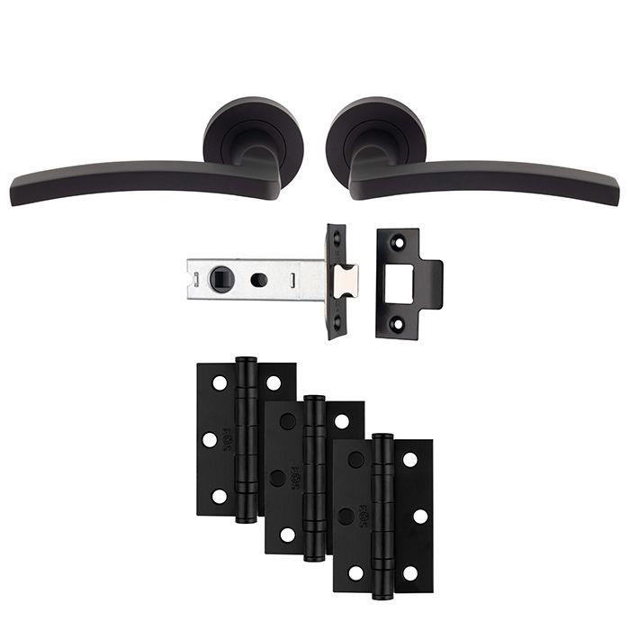 Carlisle UDP009MB/INTB Tavira Lever Handle On Rose Ultimate Latch Door Pack; Includes Levers; 76mm Bolt Through Latch & 1 1/2 Pair 76mm (Grade 7) Hinges; Matt Black (MBK)