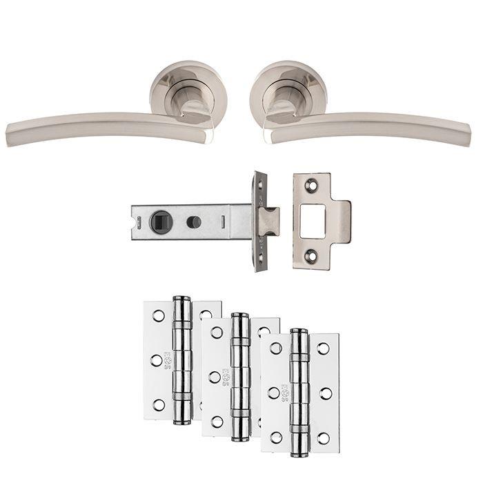 Carlisle UDP009SN/INTB Tavira Lever Handle On Rose Ultimate Latch Door Pack; Includes Levers; 76mm Bolt Through Latch & 1 1/2 Pair 76mm (Grade 7) Hinges; Satin Nickel Plated (SNP)