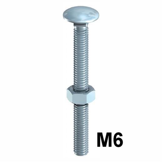 Cup Square Hex Carriage Bolts & Nuts; Zinc Plated (ZP); M6 x 20mm; Fully Threaded (FT)