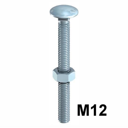 Cup Square Hex Carriage Bolts And Nuts; Zinc Plated (ZP); M12 x 25mm; Fully Threaded (FT)