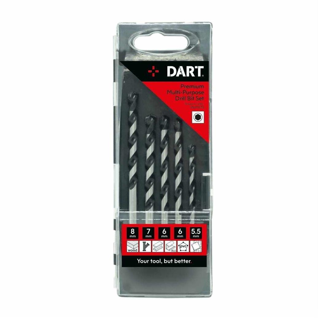 DART MUPSET5H Multipurpose Drill Bit Set; 1/4" Hex Shanks; 5 Piece; Contains 1 Each 5.5mm; 7mm x 100mm; 8mm x 120mm And 2 No 6mm x 100mm