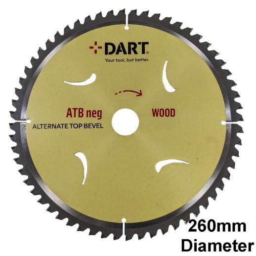 DART SNA2603060 Gold Circular TCT Wood Cutting Saw Blade; 2.8mm Kerf; 2.0mm Plate; 260mm x 60 Teeth x 30mm Bore; Alternate Top Bevel (ATB); Negative