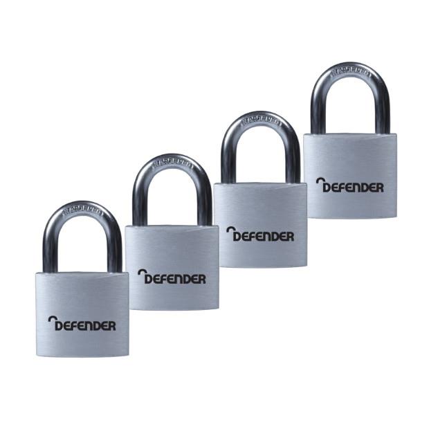 Defender DFAL4Q Aluminium Padlock; 40mm Quad Pack; Keyed Alike (KA)