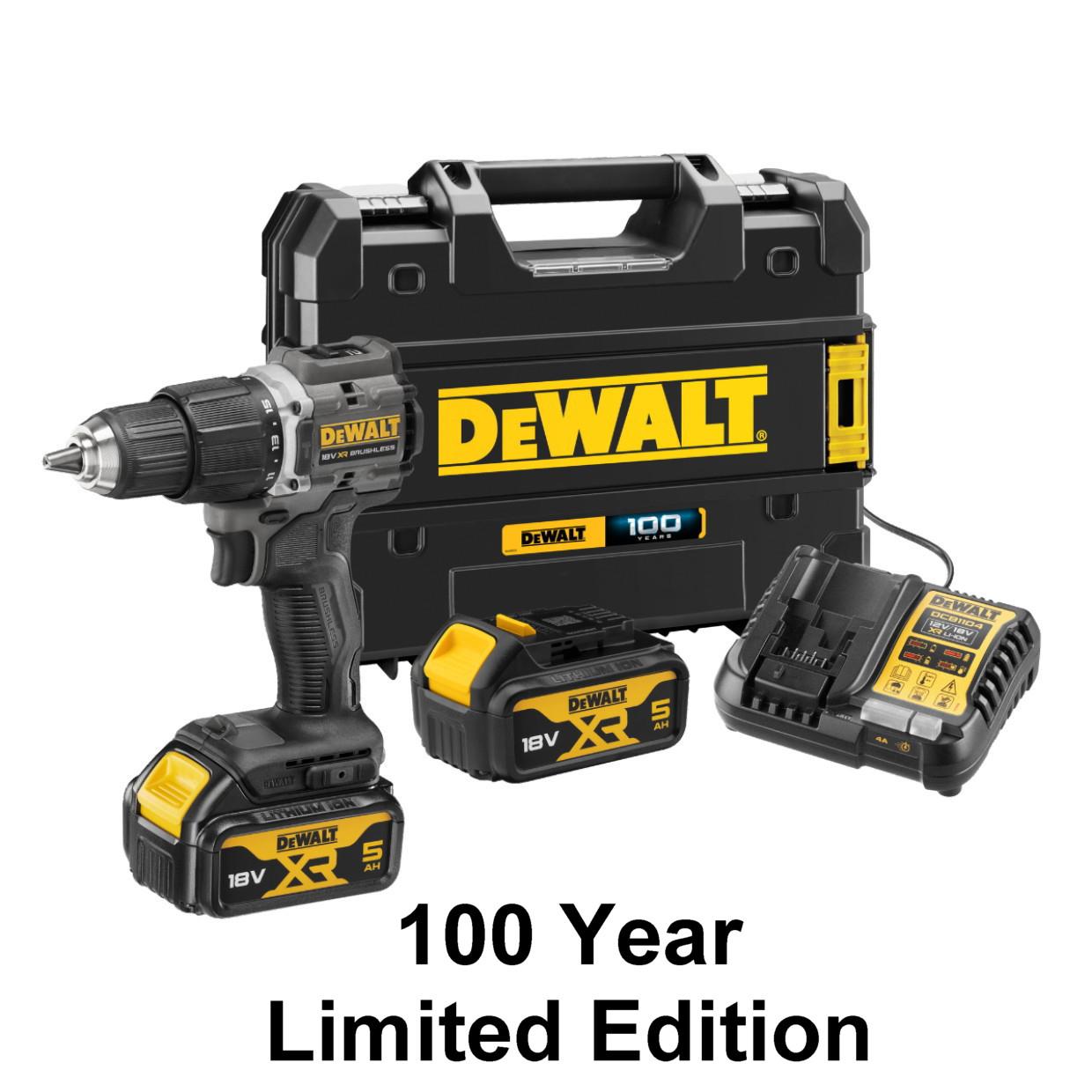 Dewalt DCD100P2T 100 Year Limited Edition Brushless Compact Combi Drill; 18 Volt; Complete With 2 x 5.0Ah Batteries; Charger; In 100 Year T-Stak Case